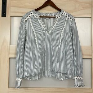 Sam Edelman Striped Cotton Blouse Size L Ruffle Trim Peasant Boho Coastal Top